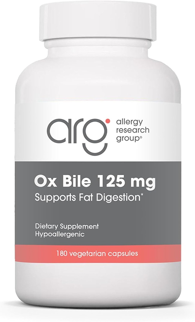 Allergy Research Group Ox Bile 125 mg - Suppléments Biles à Ox pour Gallbladder, Enzymes digestifs pour foie, Soutien de la digestion des graisses, pour les hommes et les femmes, Formule hypoallergénique - 180 Vegicaps