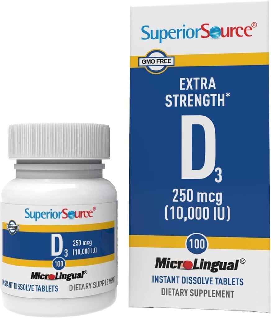 Source supérieure Vitamine D3 10000 UI, Dissoudre rapidement les comprimés microLinguaux, 100 Compte, aide à promouvoir les os et les dents forts, le soutien immunitaire, aide à maintenir une fonction musculaire saine, non-OGM