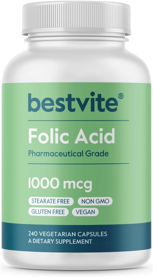 Acide folique BESTVITE 1000mcg (vitamine B9) (240 Capsules végétariennes) - Pas de phosphate de dicalcium - Pas de stéarate - Pas de dioxyde de silicone - Non OGM - Sans gluten