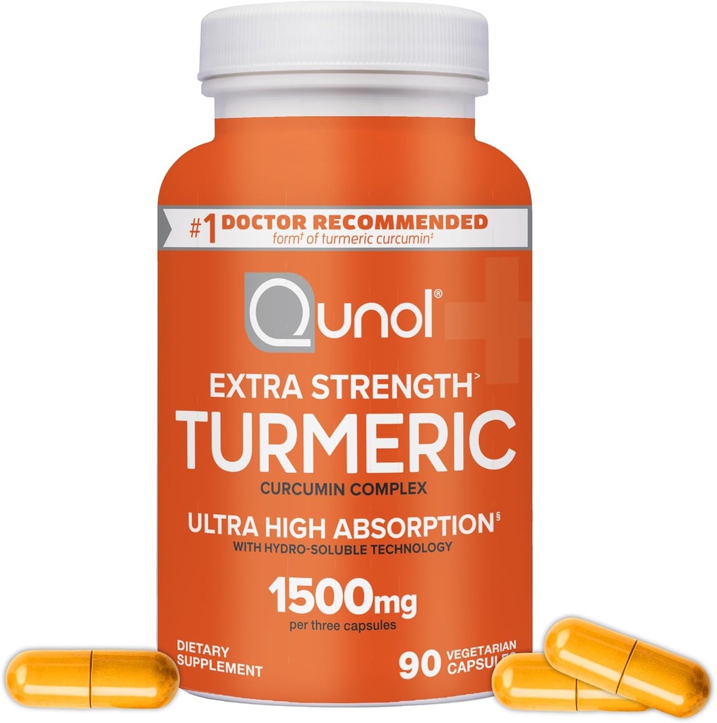Turmeric Curcumin Capsules, Qunol avec Ultra Haute Absorption 1500mg, Soutien articulaire, Supplément diététique, Extra Force, 90 Capsules végétariennes