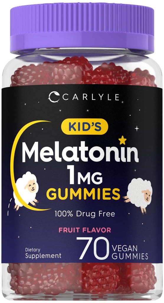 Carlyle Kids Melatonin Gummies de 1 mg 70 Comte de fruits Flaveur Gummy de légumes, non OGM, sans gluten