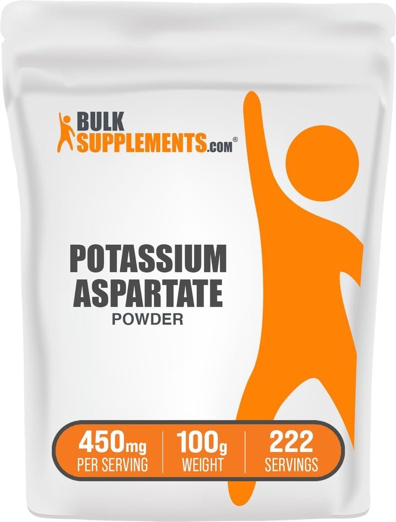 BulkSupplements.com Poudre d'aspartate de potassium - supplément minéral, pour le support d'hydratation - sans gluten, 450mg (98mg de potassium) par portion, 100g (3,5 oz) (paquet de 1)