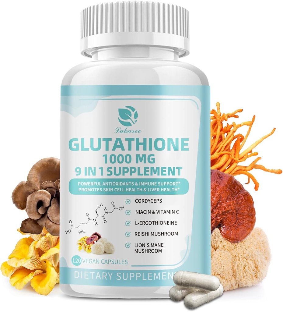 Supplément de glutathione 1 000 mg, Supplément de champignons avec vitamine C, Niacine - Détox hépatique, soutien immunitaire et antioxydant, L-Glutathione réduit 120 Capsules de végétaliens - Non OGM