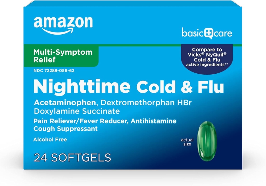 Amazon Basic Care Nighttime Cold & Flu, 24 Softgels