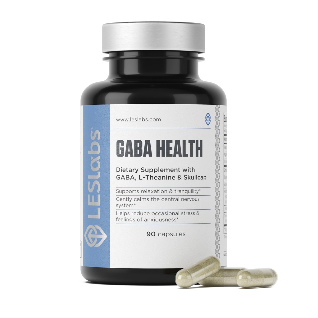 LES Labs GABA Health – Calm Mind & Relaxation, Stress Relief, Support Neurotransmetteur & Sommeil profond – GABA, Taurine, Passionflower, Skullcap, L-Theanine & Magnésium – Supplément non OGM – 90 Capsules