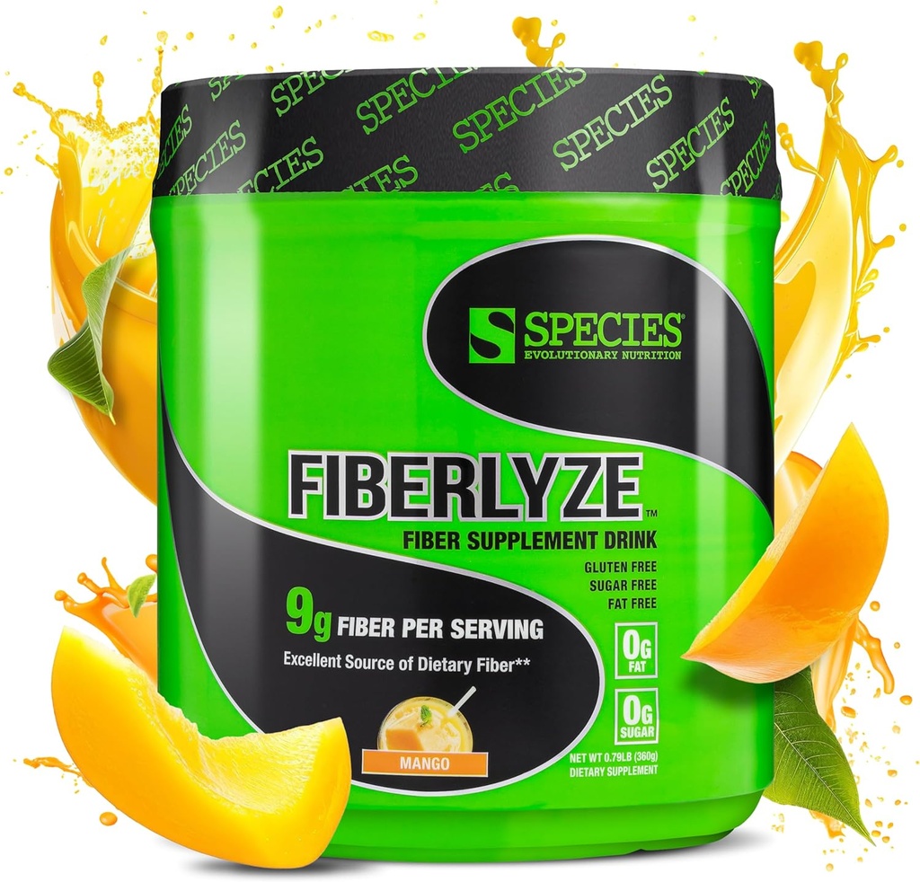 Espèce Nutrition Fiberlyze Supplément fibreux, Poudre de fibre soluble et insoluble à base de psyllium pour un colon sain, fonctions digestives (Mango, 30 portions)