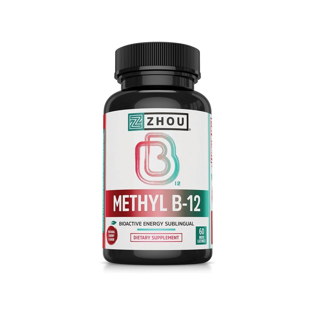 Zhou Méthyl B12 - Supplément de méthyl B-12 pour les femmes et les hommes, Vitamine B12 5000 mcg, Vegan Friendly, Énergie cellulaire et support de la fonction nerveuse, méthylcobalamine - 60 Micro Lozenges