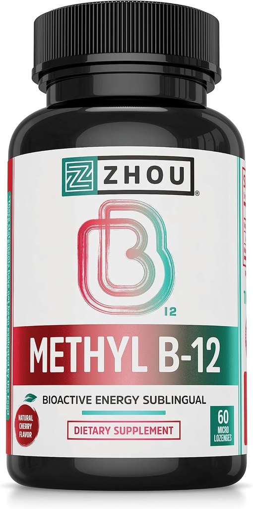 Zhou Méthyl B12 - Supplément de méthyl B-12 pour les femmes et les hommes, Vitamine B12 5000 mcg, Vegan Friendly, Énergie cellulaire et support de la fonction nerveuse, méthylcobalamine - 60 Micro Lozenges