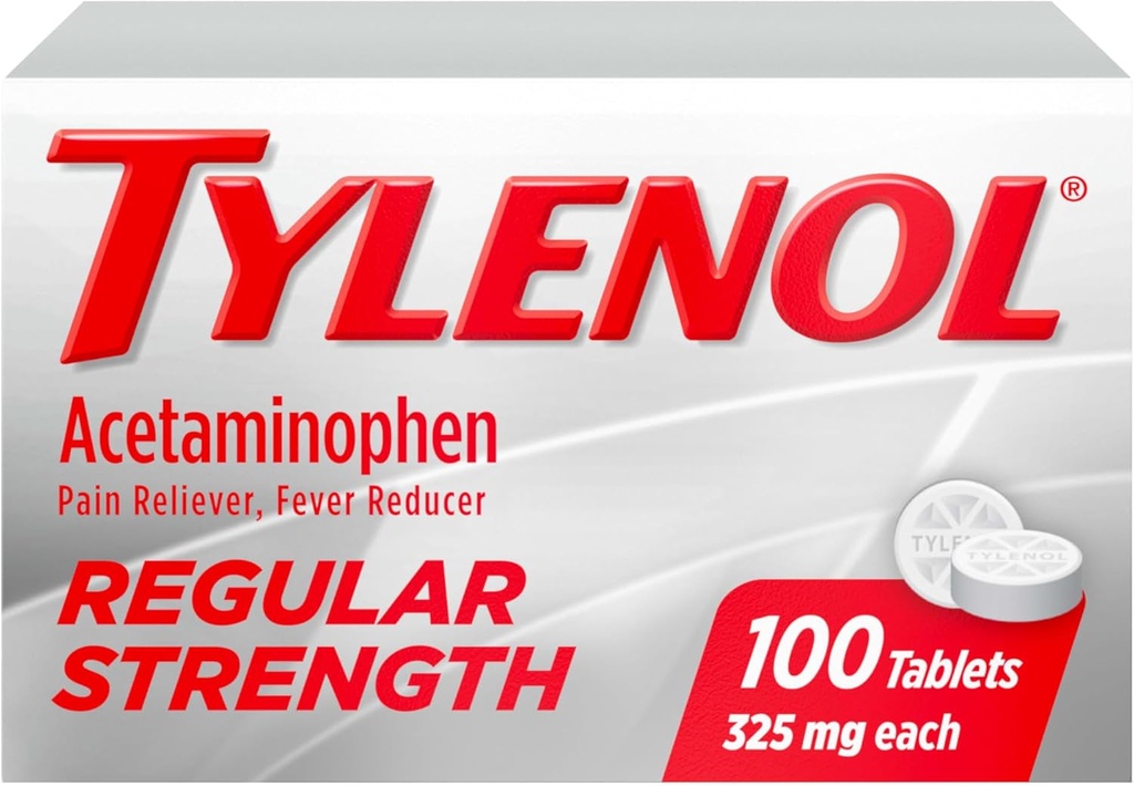 Tylenol Comprimés à concentration régulière avec 325 mg d'acétaminophène, Réducteur de fièvre et soulagement de la douleur pour les maux de tête, les maux de dos, les douleurs musculaires, les douleurs articulaires et les crampes menstruelles, 100 ct