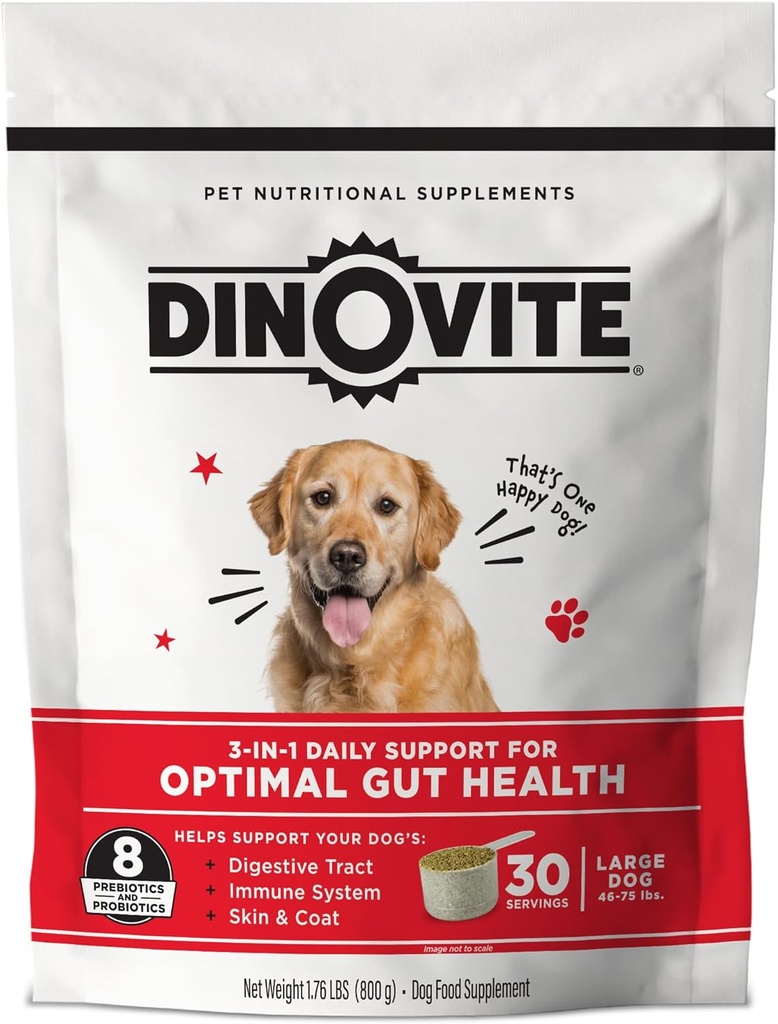 Supplément probiotique dinovite pour chiens - Omega 3 - Spot chaud - Supplément peau et manteau - 30 jours d'approvisionnement (30 jours d'approvisionnement, grands chiens (45+ lbs))