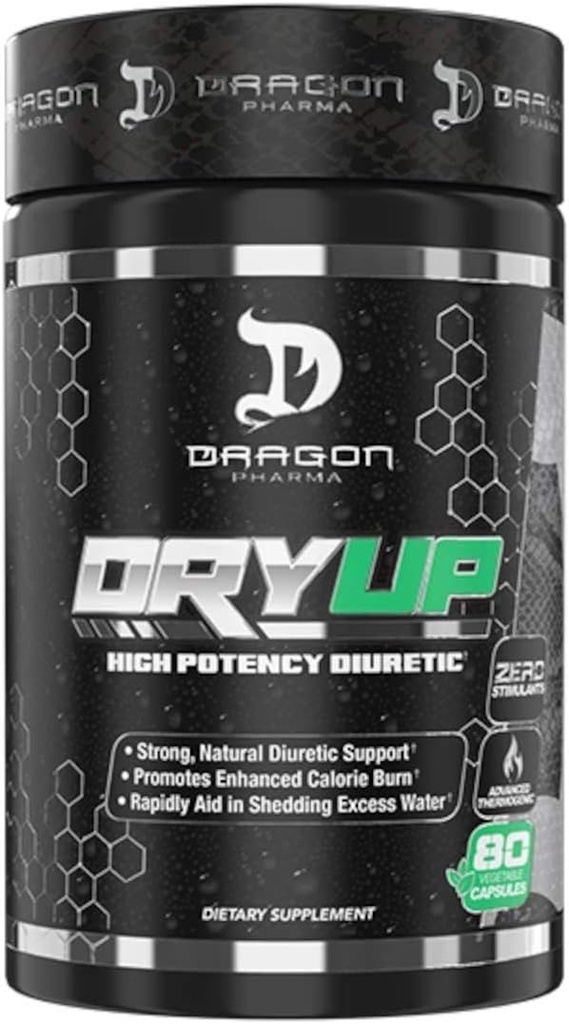 DRAGON PHARMA DryUp, High Potency Diuretic & Thermogenic Matrix, Flexible Use, Stim-Free Supplement, Perfect to Prepare for Competition or Photoshoots (80 Capsules)