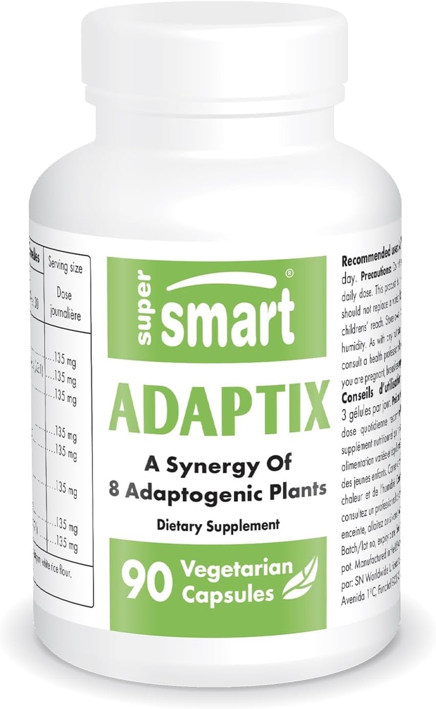 Supersmart Adaptix (Advanced Formula) - 8-in-1 Plant Extracts - Adaptogen Herbs with Ashwagandha, Astragalus, Ginseng, Reishi | Non-GMO & Gluten Free - 90 Vegetarian Capsules