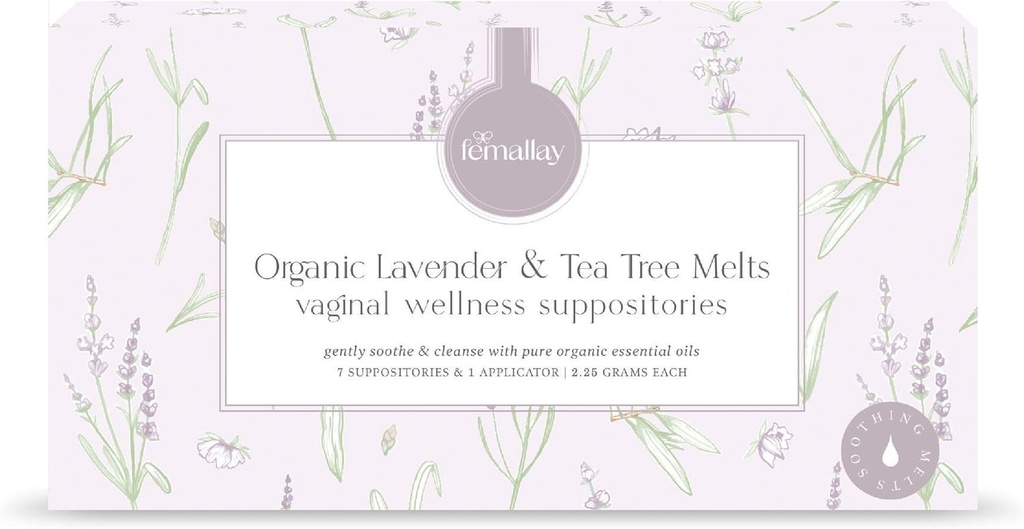 Femallay Huile de lavande biologique et d'arbre à thé Suppositoires de nettoyage vaginal pour l'hygiène, Melts 100% naturels pour soins féminins, parfait pour la sécheresse et plus, 7 Melts individuels scellés + 1 Applicateur