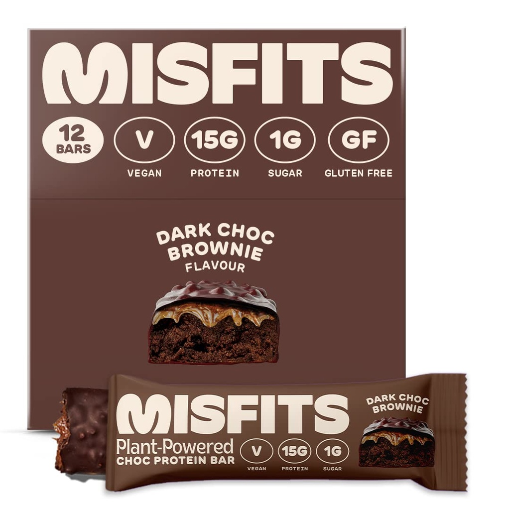 Misfits Barres de protéines végétaliennes, Brownie de chocolat foncé - Recette originale sans gluten, à base de plantes, faible sucre et glucides, haute fibre collations