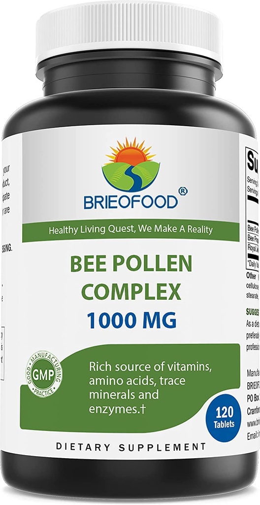 Brieofood Abeille Pollen Complex 1000 mg 120 Comprimés - Fabriqué avec du pollen d'abeille, de la propolis d'abeille et de la poudre de gelée royale