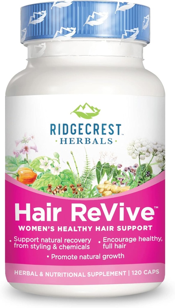 RidgeCrest Herbals Hair ReVive, complément de cheveux nutritionnel avec vitamine C, biotine (6000mcg), zinc et cuivre, vitamines capillaires pour les femmes pour soutenir les cheveux, la peau et les ongles sains (120 capsules, 30 portions)