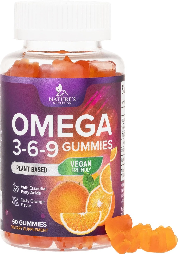 Omega 3 6 9 Gummies - Vegan Omega 3 Supplément Gummy - Huile essentielle d'acides gras 369 Soutien cardiaque complexe et soutien du cerveau pour les femmes, les hommes et la grossesse, sans poisson non-OGM, aromatisé orange - 60 Gummies