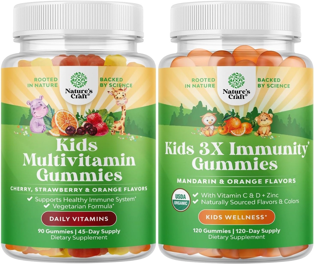 Ensemble de gommes multivitamines pour enfants à base de plantes - avec des vitamines A, C, D3, E, B6 & B12, Zinc & Iodine et des gommes pour enfants biologiques - Vitamine biologique végétale D avec vitamine C et zinc