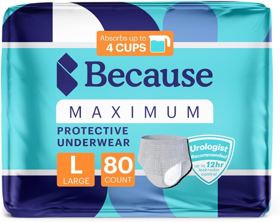 Parce que les sous-vêtements d'incontinence maximum pour les hommes - Protection contre les fuites lourdes, idéal pour les fuites nocturnes, élégants, invisibles, gris, gros - Absorbe 4 tasses - 80 Compte (4 paquets de 20)