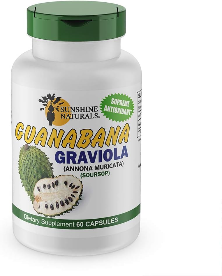 Sunshine Naturals Supplément Graviola. Soutien immunitaire, aide digestive, défense antioxydante et désintoxication. Promotion de la digestion saine, de la santé cellulaire et du bien-être général. 60 gélules.