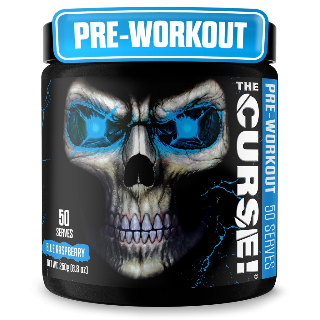 JNX SPORTS La Malédiction ! Poudre de pré-entraînement pour les hommes et les femmes, caféine, bêta-alanine, créatine, L-Citrulline, 50 portions, Blue Raspberry Flavor – Boost Energy, Strength & Focus