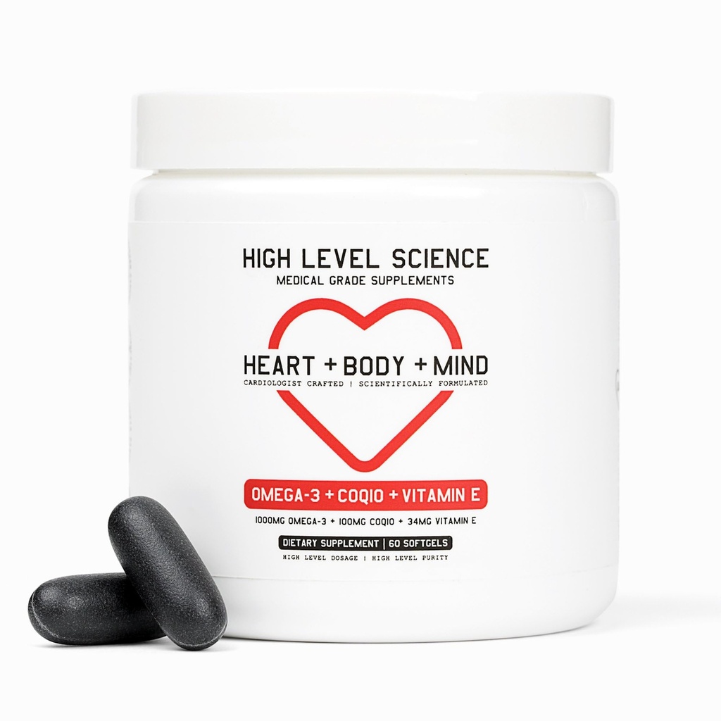 Science de haut niveau CoQ10, Oméga-3, Vitamine E - Cardiologue formulé pour le cœur + Corps + Santé mentale avec DHA/EPA, Antioxydant pour l'énergie, Supérieur Biodisponible Huile de poisson - Sans gluten, 60 Softgels