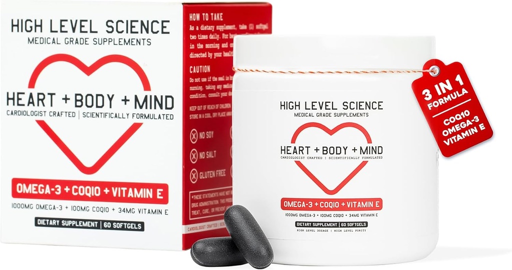 Science de haut niveau CoQ10, Oméga-3, Vitamine E - Cardiologue formulé pour le cœur + Corps + Santé mentale avec DHA/EPA, Antioxydant pour l'énergie, Supérieur Biodisponible Huile de poisson - Sans gluten, 60 Softgels