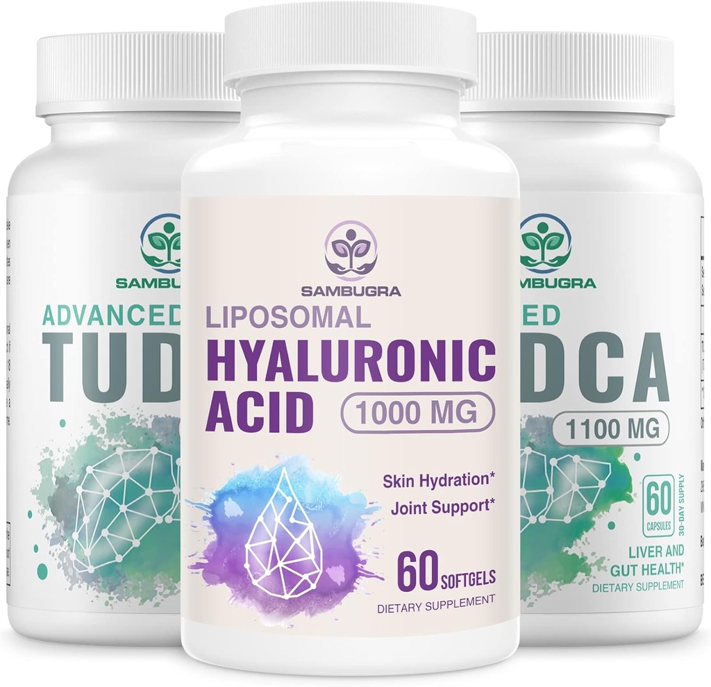 Suppléments hépatiques TUDCA 1100mg et suppléments à l'acide hyaluronique liposomique 1000mg, supplément à haute biodisponibilité (paquet de 3)