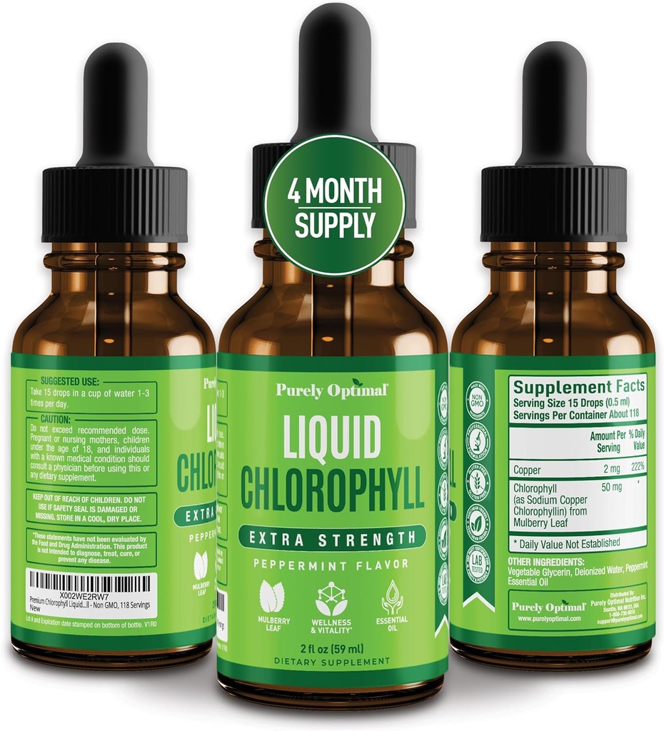 Gouttes liquides en chlorophylle premium - 100 % naturel et sans gluten Chlorophylle liquide - Non OGM, 118 portions