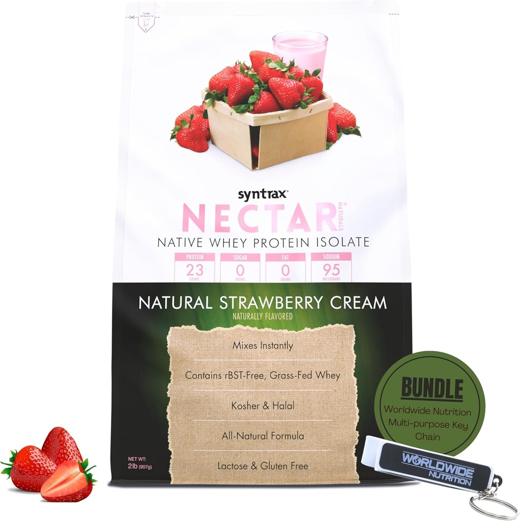 Syntrax Native Whey Protein Isolate - Casher & Halal, Lactose & Sans gluten - Crème de fraise naturelle - 2 livres - avec porte-clés