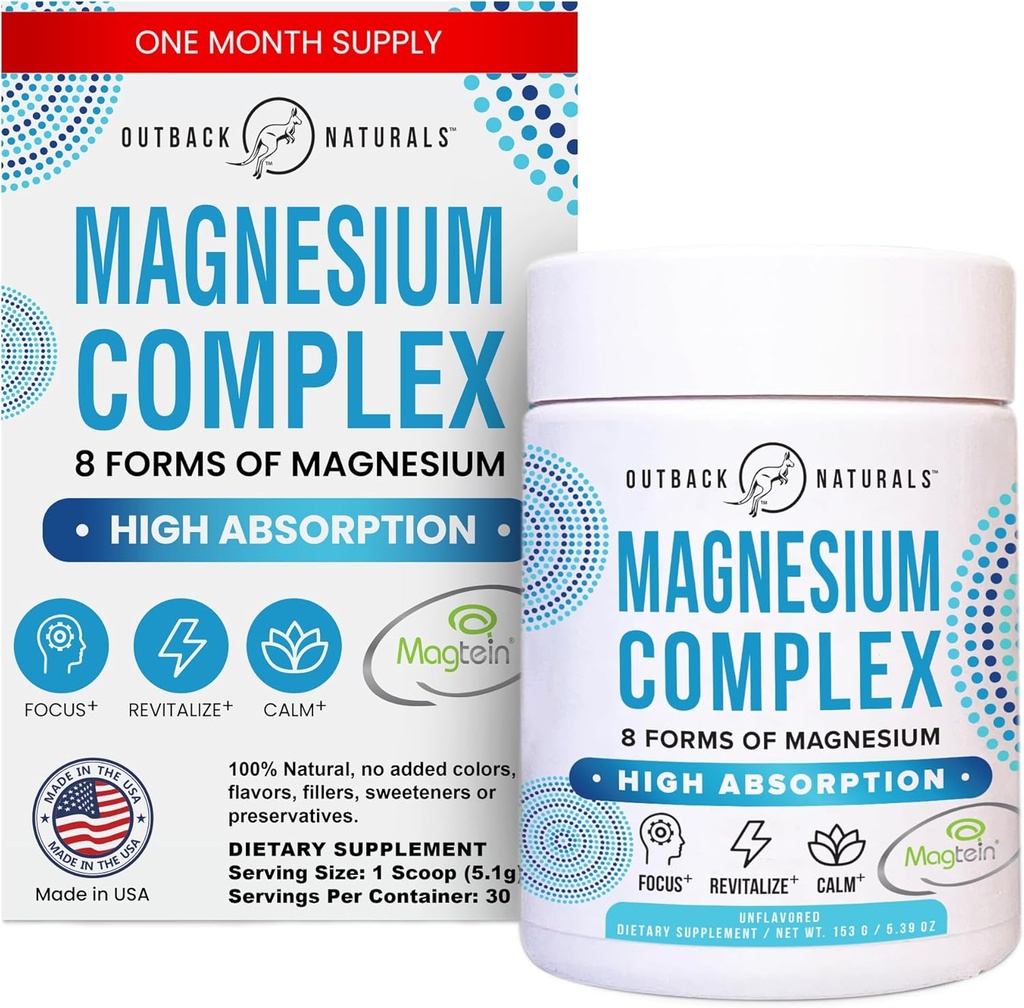 Magnesium Complex Powder - 8 Types of Magnesium, L-Threonate (Magtein), Glycinate, Malate, and More for Brain Health, Relaxation, Maximum Absorption - Unflavored, 30 Servings