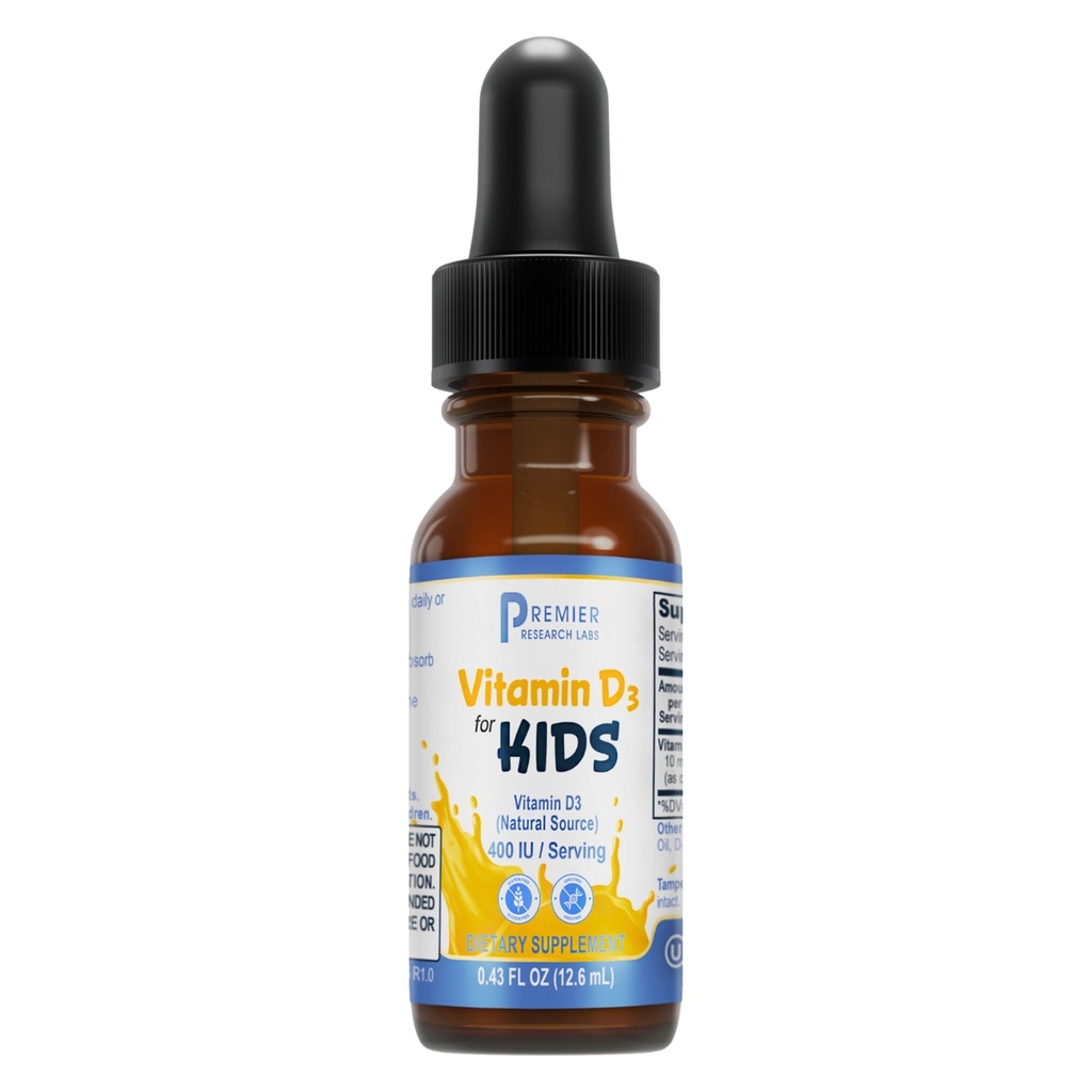Premier laboratoire de recherche Vitamine D3 pour les enfants - gouttes de vitamine D pour les enfants, Vitamine D liquide pour les enfants, 400 UI par portion, soutient le développement sain du cerveau - 0,43 fl oz