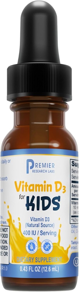 Premier laboratoire de recherche Vitamine D3 pour les enfants - gouttes de vitamine D pour les enfants, Vitamine D liquide pour les enfants, 400 UI par portion, soutient le développement sain du cerveau - 0,43 fl oz