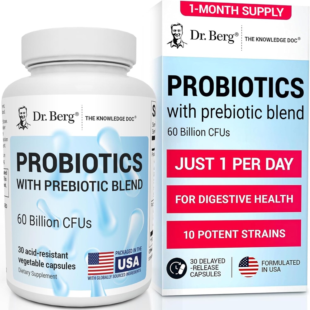 Dr Berg Probiotic Supplement (60 milliards d'UFC) - Aide à faciliter la constipation occasionnelle, la diarrhée, le gaz et le blottis* - Pré et probiotiques pour la santé digestive - 30 capsules probiotiques