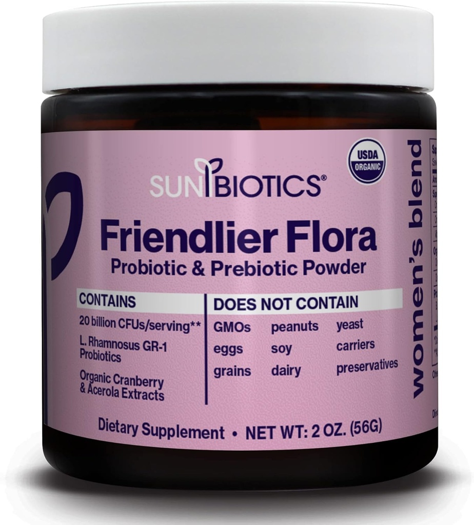 SUNBIOTICS Amilier Flora - Mélange de femmes, 20 milliards CFU de 6 souches probiotiques, femmes quotidien digestif vaginal et immunitaire santé, non-OGM et sans gluten, 2 once
