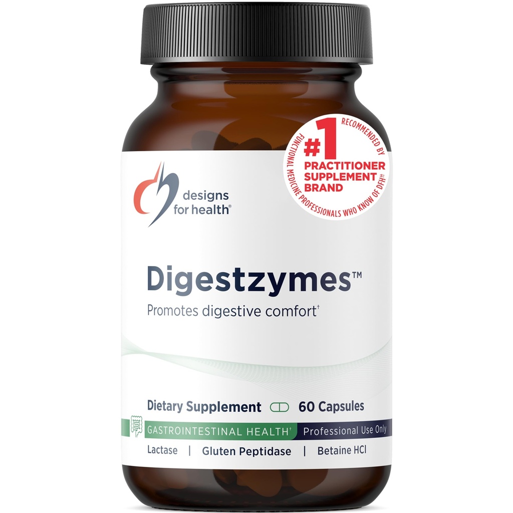Designs for Health Digestzymes - Enzymes digestifs + Hydrochlorure de bétaïne pour le gaz et le dégel - Pepsine, Bile d'oxygène, Enzymes lactase et Enzymes lipase pour la digestion (60 capsules)
