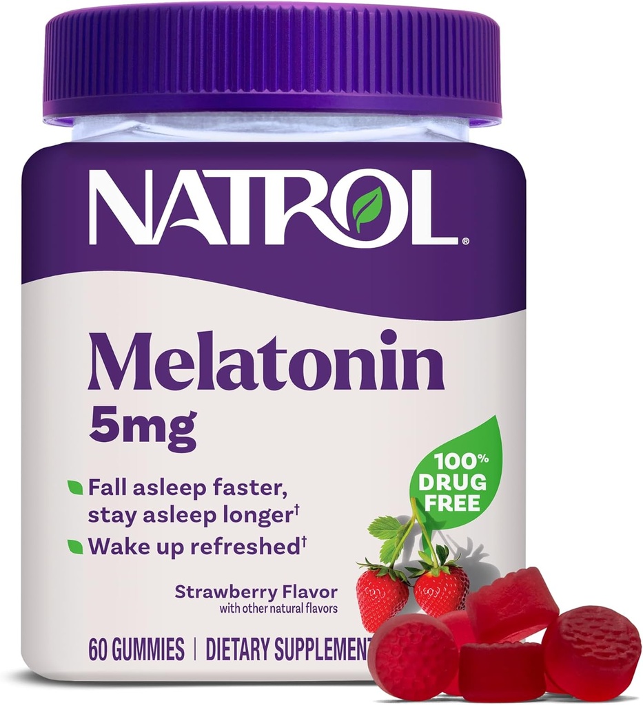 Natrol Melatonin Gummies, Soutien du sommeil, 60 adultes aromatisés aux fraises, 5 mg Aide au sommeil pour adultes