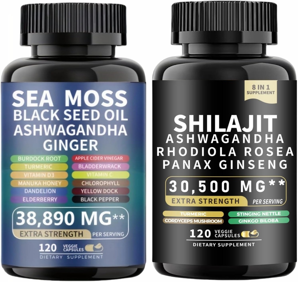 Mousse de mer et shilajit Huile de graines noires de mousse de mer Ashwagandha Ginger&shilajit rhodiola rosea panax Ginseng (120 Nombre)