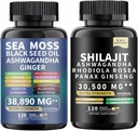 Mousse de mer et shilajit Huile de graines noires de mousse de mer Ashwagandha Ginger&shilajit rhodiola rosea panax Ginseng (120 Nombre)