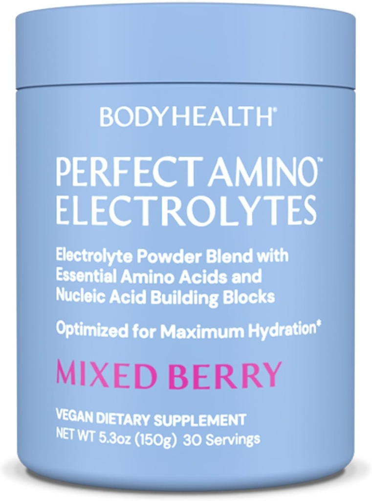 BodyHealth PerfectAmino électrolytes en poudre Pas de sucre, sans sucre kéto à jeun électrolytes boisson mélange, poudre d'hydratation avec minéraux traces - Berry mélangé - 30 portions
