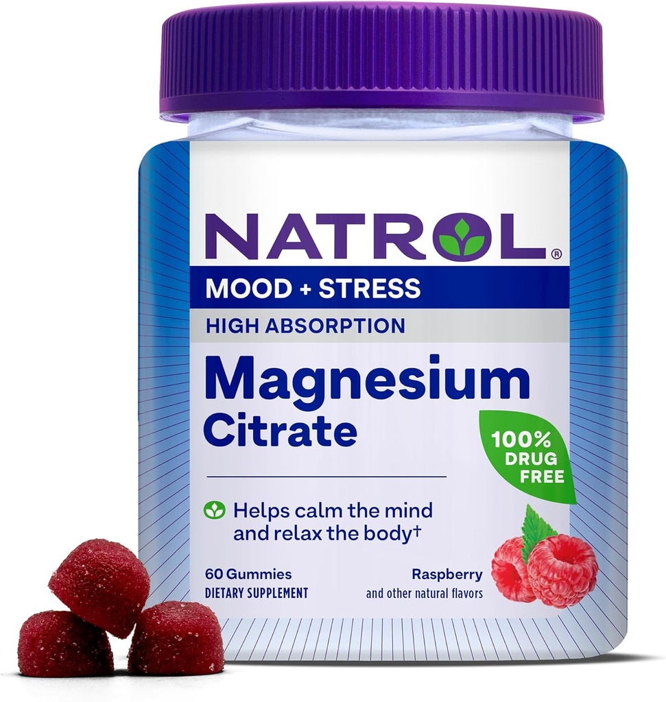 Citrate de Magnésium Natrol, supplément de Magnésium à haute absorption pour l'humeur et le stress, aide à calmer l'esprit et à détendre le corps, 60 gommies aromatisées aux framboises, jusqu'à 30 jours d'approvisionnement