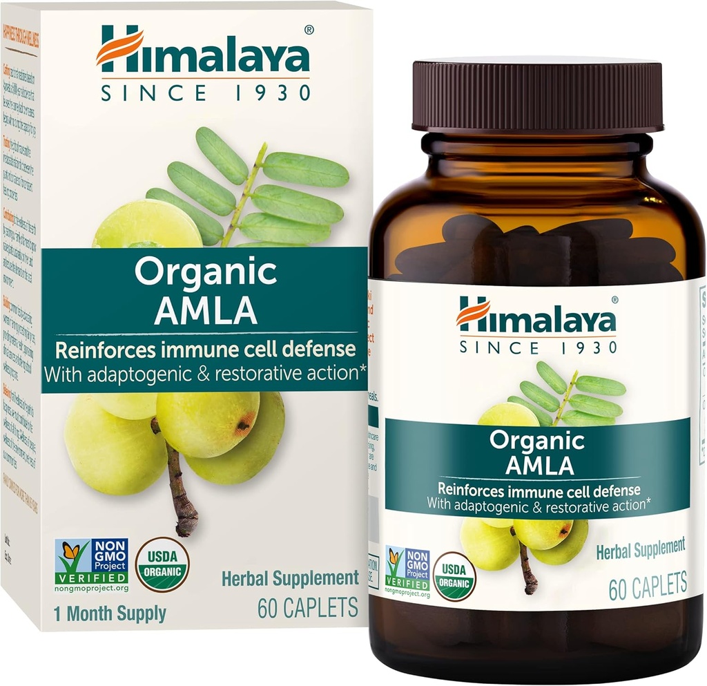 Himalaya Organic Amla - Supplément de soutien à base de plantes immunes avec Adaptogène et antioxydant - USDA Organic, Vegan, Non-OGM, Sans gluten, 600 mg, 60 Caplets