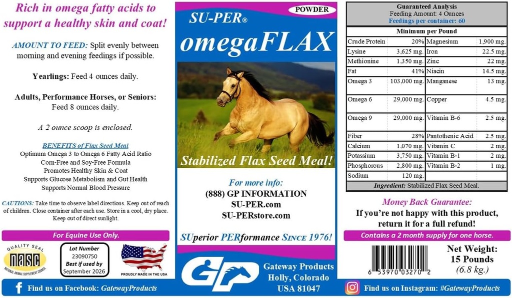SU-PER OmegaFLAX Lin pour chevaux - supplément de graine de lin stabilisé Premium et Omega 3 - soutient la peau et le manteau sains - 15 livres