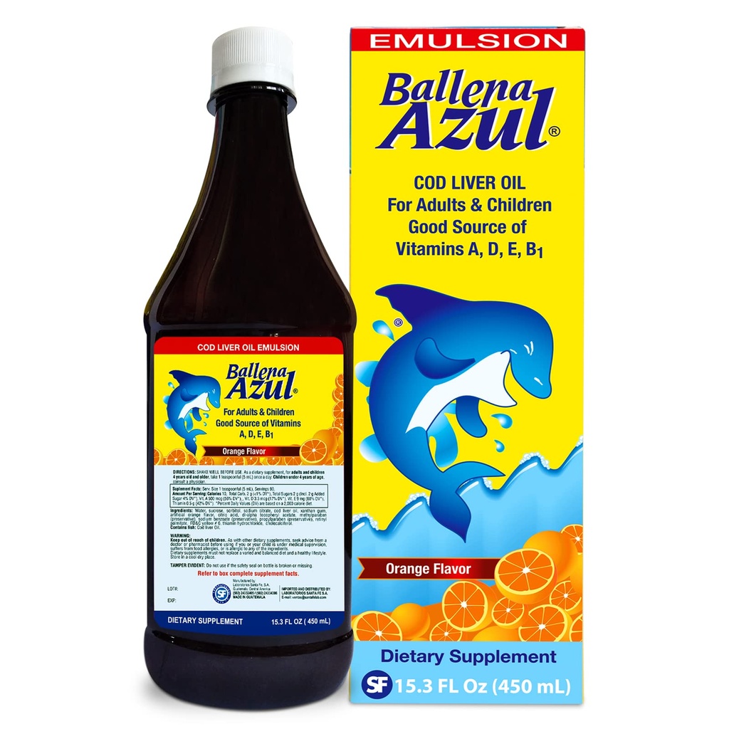 Ballena Azul Aceite de Hígado de Bacalao para Adultos y Niños, huile de foie pour adultes et enfants, bonne source de vitamines A,D,E, B1, supplément alimentaire, Omega 3, stimuler le système immunitaire (ORANGE 15 OZ)