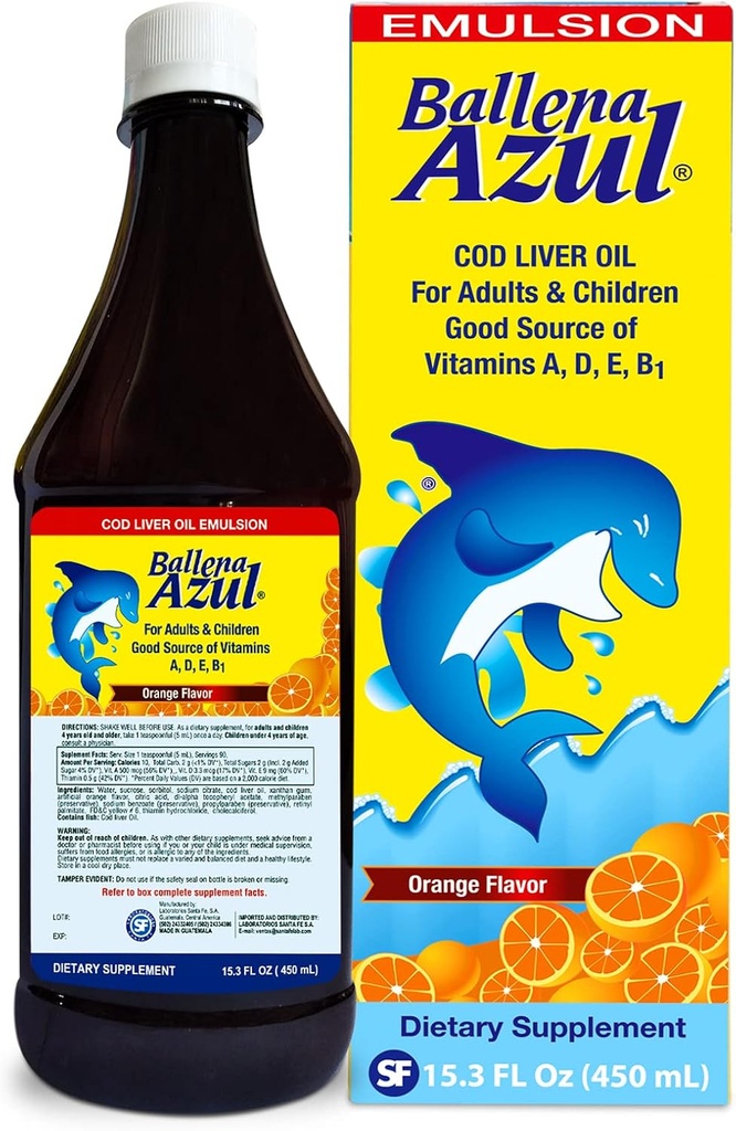 Ballena Azul Aceite de Hígado de Bacalao para Adultos y Niños, huile de foie pour adultes et enfants, bonne source de vitamines A,D,E, B1, supplément alimentaire, Omega 3, stimuler le système immunitaire (ORANGE 15 OZ)