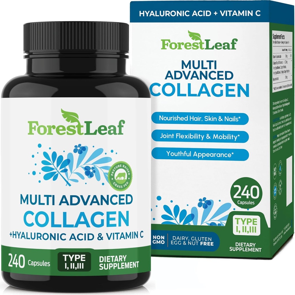 Pinces multicollagènes ForestLeaf - Collagène Hommes & Collagène Femmes - Suppléments de collagène hydrolysés avec vitamine C et acide hyaluronique - Capsules de collagène pour cheveux, peau et ongles (240 capsules de peptide)