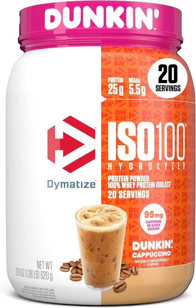 Dymatiser x Dunkin' Cappuccino en poudre de protéines de lactosérum ISO100, 95 mg de caféine, 25g de protéines5,5g BCAA, 120 Cal., sans gluten, 1g de gras, 1g de sucre, 2g de glucides (20 portions)