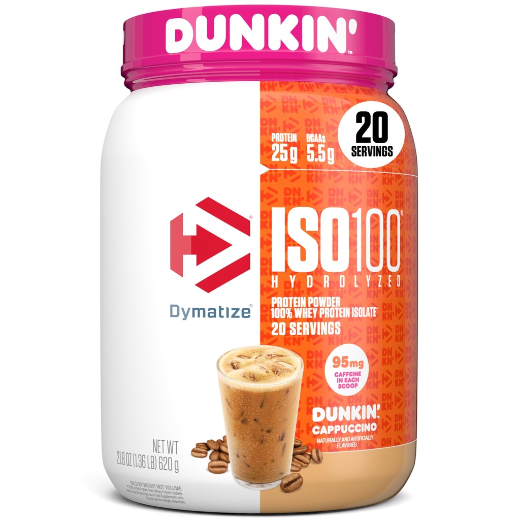 Dymatize x Dunkin' Cappuccino ISO100 Whey Protein Powder, 95mg Caffeine, 25g of Protein5.5g BCAAs, 120 Cal., Gluten Free, 1g Fat, 1g Sugar, 2g Carb (20 Servings)
