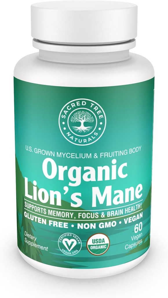 Capsules organiques de champignons de la Mane du Lion - 1000mg Haute puissance - Brain Boost, Focus & Immmune Support - Non-OGM, Vegan, 60 Compte
