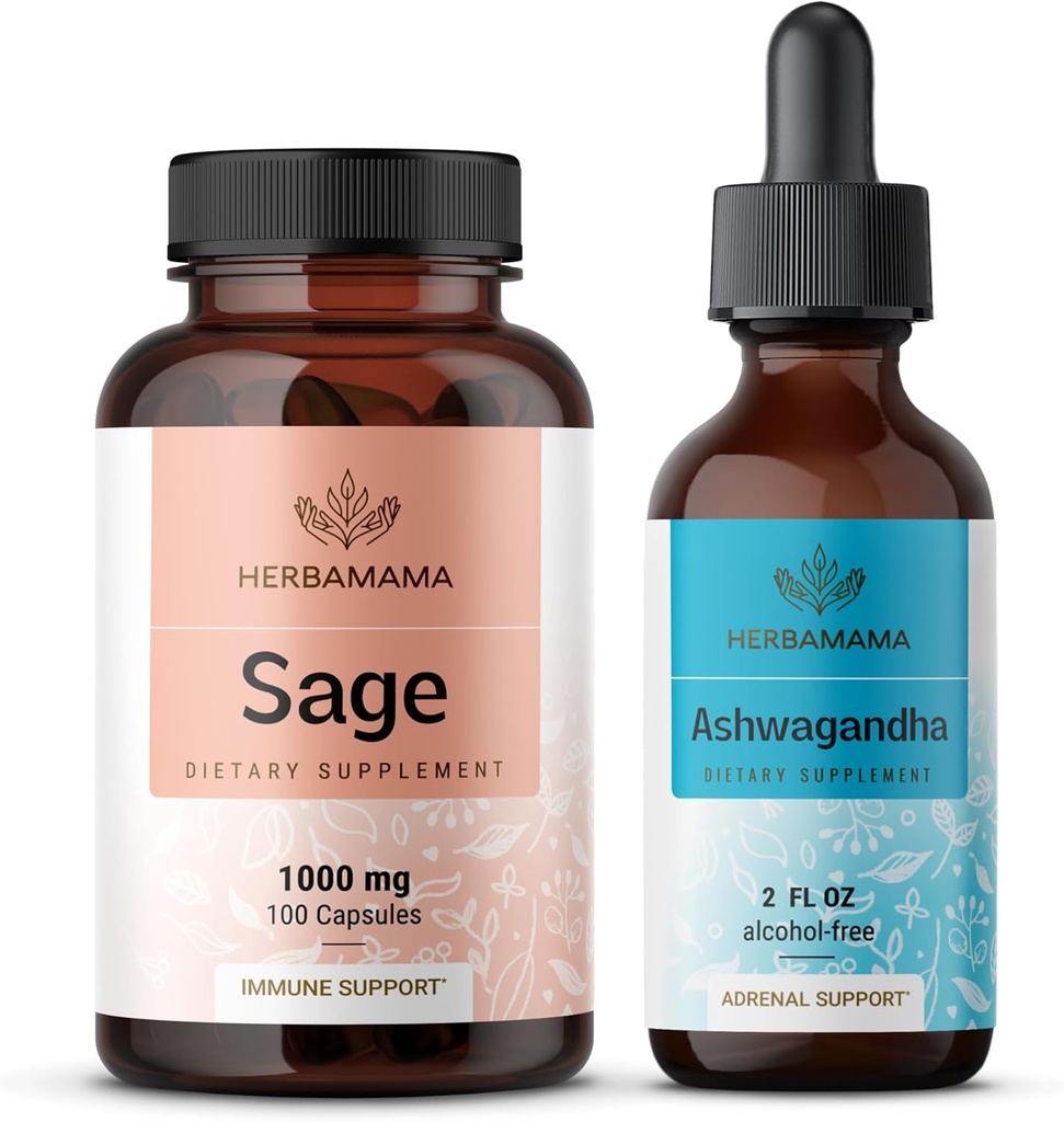 HERBAMAMA Sage and Ashwagandha Kit - Ensemble de 1000 mg de gélules de Sage Leaf et de la teinture de racine Ashwagandha 2 fl oz - végétalien, non-OGM, sans sucre et sans alcool - 2 Pack